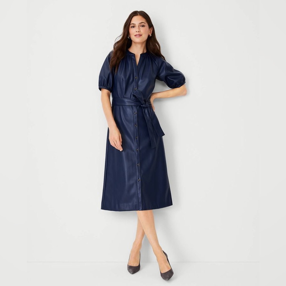 Ann Taylor Navy Faux-Leather Button-Front Midi Dress with Tie Waist - Picture 1 of 8